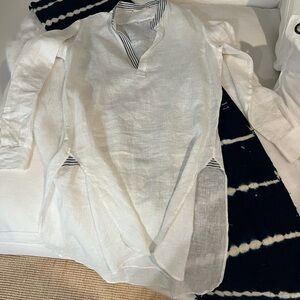 TheSalting White Linen dress with Striped Collar